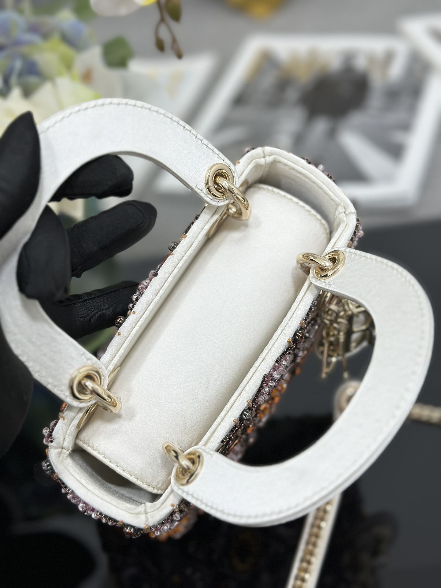 Mini Lady Dior Bag White Satin Embroidered with White Pink Diamond